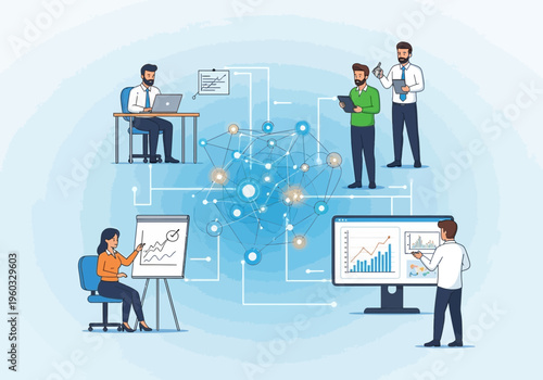 Business professionals collaborate on project with graphs and charts in office