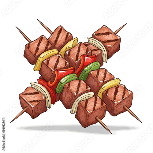 Grilled meat skewers with vegetables