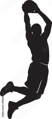 Basketball player silhouette jumping for slam dunk or shot professional athlete in mid air action isolated on white background for sports branding team logo and basketball competition graphic design