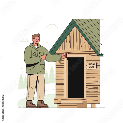 Man Invites To Cozy Wooden Cabin In Peaceful Forest Landscape