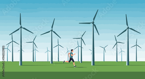 Man Jogging Amidst A Wind Farm Landscape
