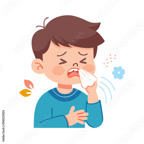A young boy feeling sick with a cold or flu, sneezing into a tissue. Illustration of a child with allergy symptoms.
