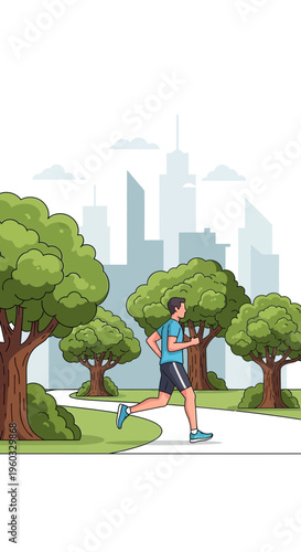 Man Jogging In Urban Park With Cityscape Background Healthy Lifestyle Activity