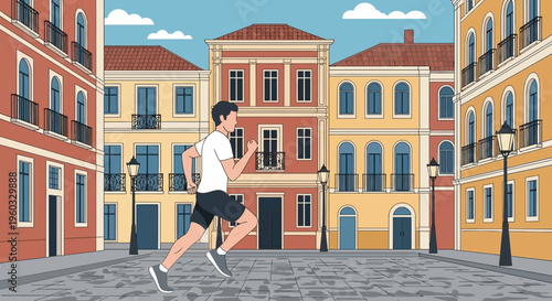 Man Jogging Through Colorful European City Streets