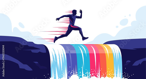 Man Leaping Over Colorful Waterfall Toward New Horizons