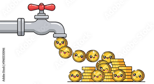 Cute yellow smiley face emojis spilling out of a faucet onto a pile of coins symbolizing wealth and happiness