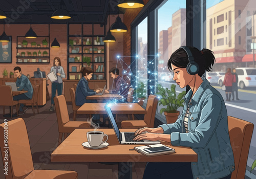 Woman wearing headphones works on laptop at wooden table in busy cafe with people sitting nearby