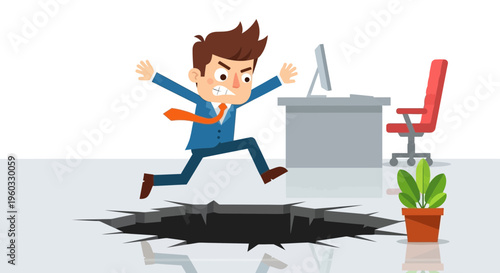 Man Leaping Over Office Pitfall Risk Warning Danger