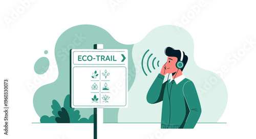 Man Listens To Audio Guide At Eco Trail Sign