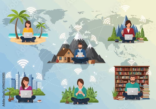 People work remotely from various global locations with laptops and internet connections
