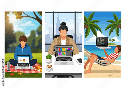 Three people working remotely on laptops in different scenic locations outdoors