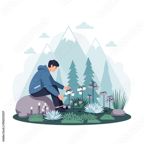Man Observing Alpine Flora In A Mountainous Landscape