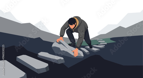 Man Navigates Rocky Path Overcoming Obstacles