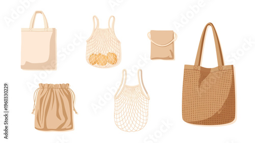 Sustainable reusable bags collection: canvas totes, mesh net bags, drawstring pouches. Eco-friendly shopping concept.