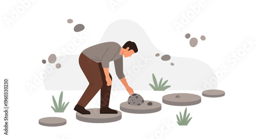 Man Navigates Stepping Stones Across A Calm Landscape Of Rocks And Plants