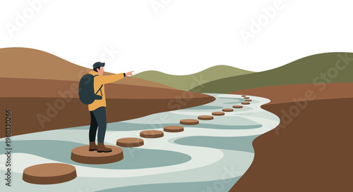 Man Navigating River On Stepping Stones Towards Future Goals And Adventure