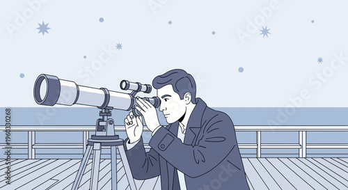 Man Observing Distant Stars Through Telescope On Pier