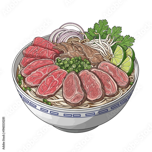 Vietnamese Pho Noodles with Beef and Lime Slices