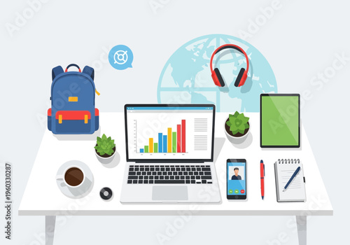 A cluttered office desk with laptop headphones and backpack on a white table indoors