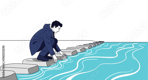 Man Navigating Stepping Stones Over Calm Blue Water Towards The Horizon