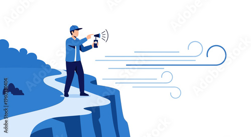 Man On Cliff Edge Uses Megaphone Against Strong Winds