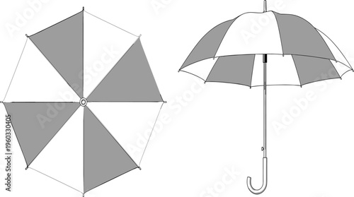 Two, views, of, a, striped, umbrella, illustration, from, the, top, and, side, isolated, on, white, background, vector, weather, protection, accessory,