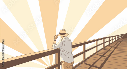 Man On Pier Gazing At Sunrise Over The Ocean