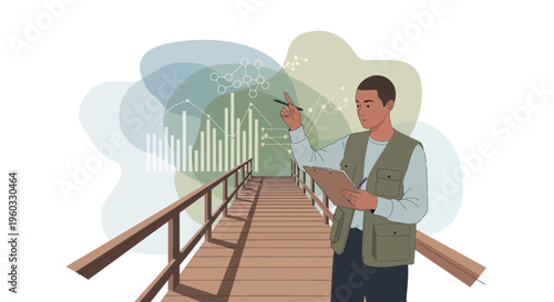 Man On Wooden Walkway Analyzing Data Trends