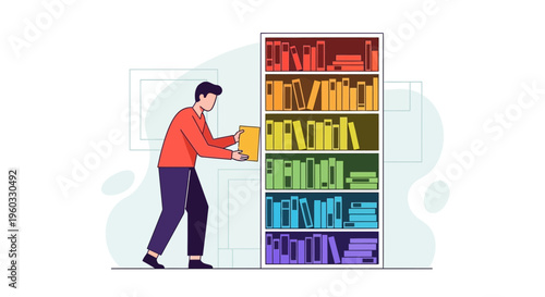 Man Organizing Colorful Books On A Rainbow Shelf