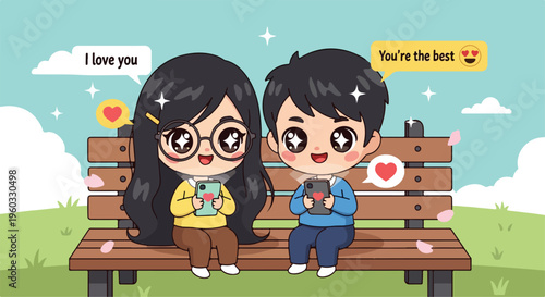 Cute cartoon couple sitting on a park bench texting each other sweet messages on their phones