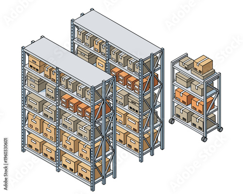 Isometric warehouse shelves packed with cardboard boxes industrial storage vector.