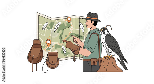 Man Planning Falconry Expedition with Map and Bird Companion