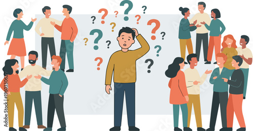 Man with question marks people.