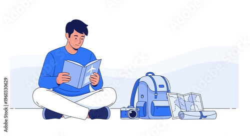 Man Planning Vacation Reading Travel Guide Surrounded By Adventure Gear