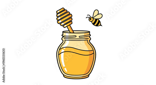Cartoon Honey Jar with Honey Dipper and Flying Bee