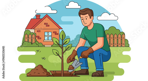 Man Planting A Tree In His Garden With A Small House In The Background