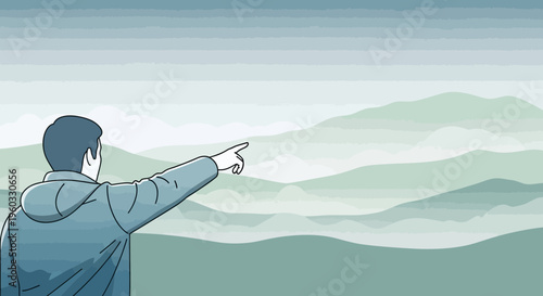 Man Points Towards Misty Mountain Peaks Serene Outdoor Vista