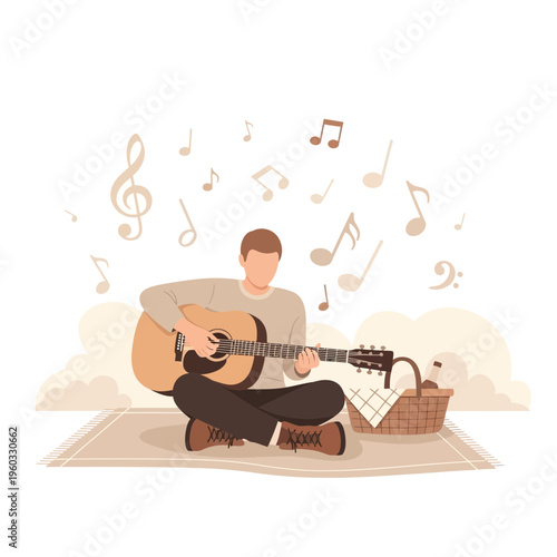 Man Playing Acoustic Guitar Outdoors With Music Notes Floating Above