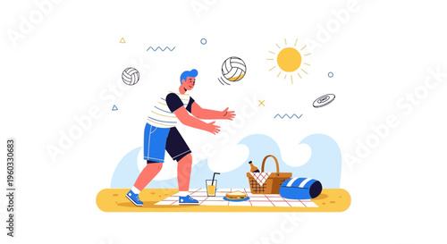 Man Playing Beach Volleyball With Picnic Basket And Sun