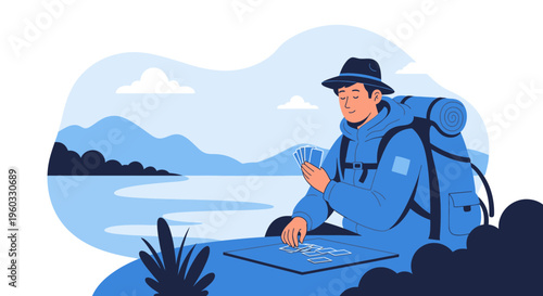 Man Playing Cards Outdoors With Backpack and Scenic Landscape Background