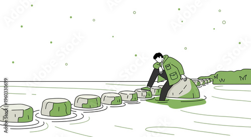 Man Pondering Life Choices On Stepping Stones Across Water
