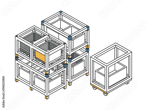 Isometric metal frameworks and crates industrial storage and transportation vector.