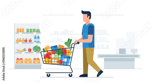 Man Pushing Full Grocery Cart Through Supermarket Aisles Shopping For Healthy Food