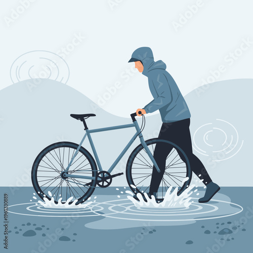 Man Pushing Bicycle Through Flooded Street Outdoor Activity