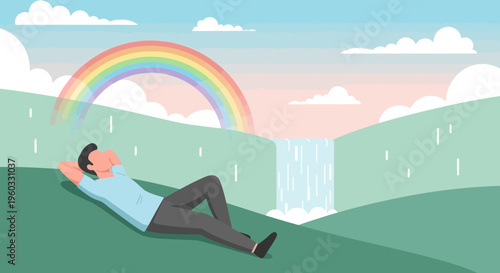 Man Relaxing Amidst Natural Beauty With Rainbow And Waterfall