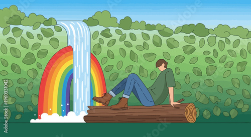 Man Relaxing By A Vibrant Waterfall With Rainbow And Lush Greenery