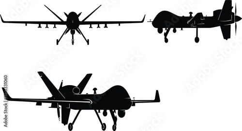 Unmanned aerial vehicle drone silhouette set with front side and perspective views for military surveillance technology aerospace engineering and aviation design