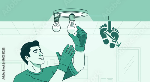 Man Replacing Light Bulbs With Safety Gloves And Foot Icon