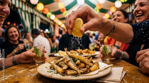 Squeezing lemon on fried fish tapas inside a festive Spanish spring fair tent