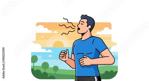Man Running Outdoors Enjoying Deep Breathing Exercise At Sunrise